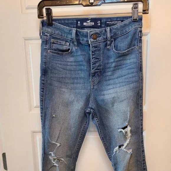 Hollister High-Rise Crop Blue Ripped Super Skinny Jeans - Picture 2 of 3